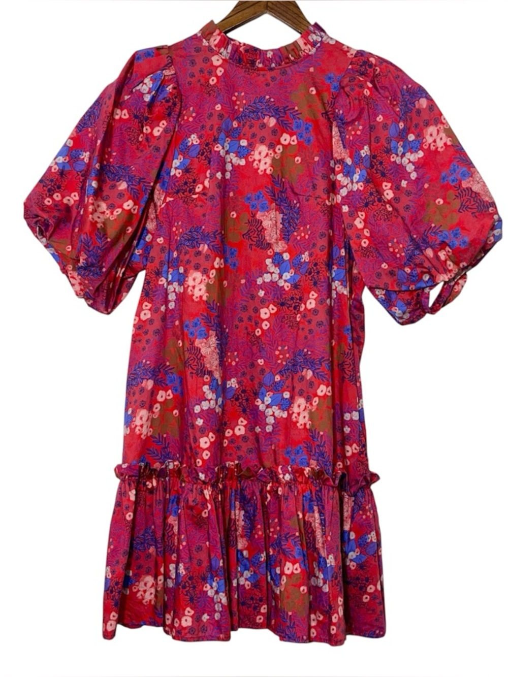 Tyler Boe Sammy Shift Dress Red Wild Flowers Puff Sleeve Tiered Cottage Mini